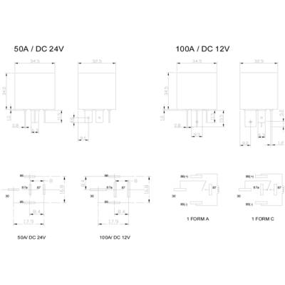 'Relay Circuit Diagram: Left: 50A/DC 24V, Right: 100A/DC 12V. Dimensions and pin configuration are shown for both relays.'
