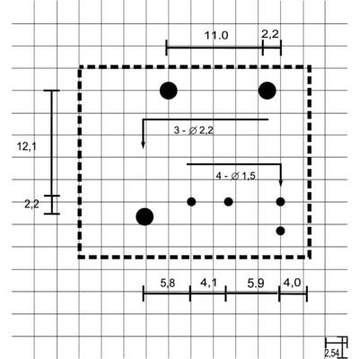 Technical drawing of a rectangular object with marked holes and dimensions: 11.0 x 12.1 cm. Hole spacing: 5.8, 4.1, 5.9, 4.0 cm.