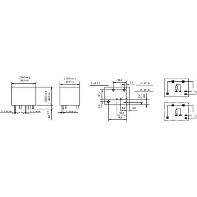 Technical drawing of an electrical component with dimensions and connectors from different perspectives, including front and side views.