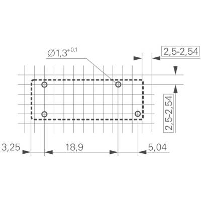 Technical drawing of a rectangular component with four holes. Dimensions: 18.9 x 5.04 mm, hole diameter 1.3 mm, spacing 2.5-2.54 mm.