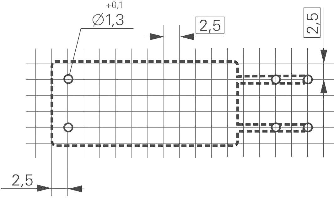 Technical drawing of a rectangular component with corner holes and dimensions: 2.5 mm width, 2.5 mm spacing, hole diameter 1.3 mm.