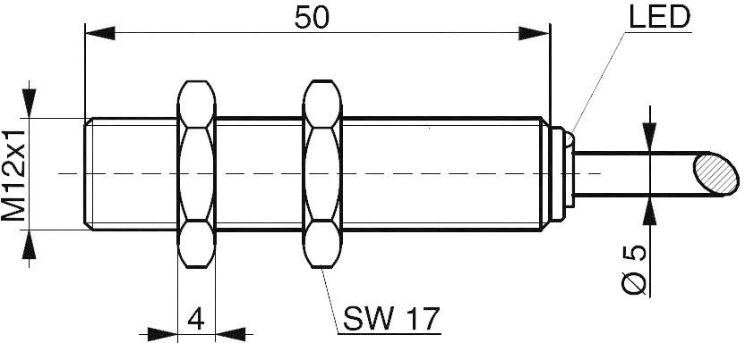 Drawing of a cylindrical sensor with M12x1 thread, length 50 mm, LED indicator, spanner width SW 17, diameter 5 mm.