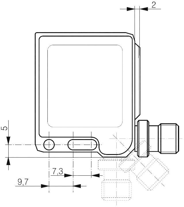 Technical drawing of an enclosure with dimensions marked in millimetres: width 9.7, height 5, depth 2. Square and round apertures.