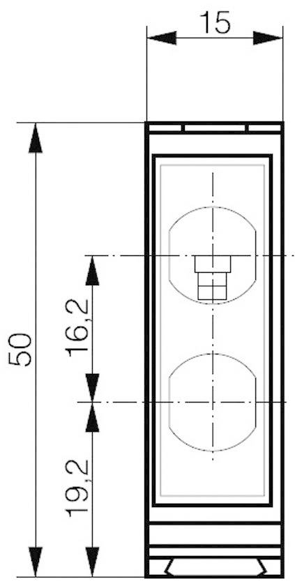 Technical drawing shows the side view of a rectangular object with dimensions: height 50, width 15, details at 16.2 and 19.2.
