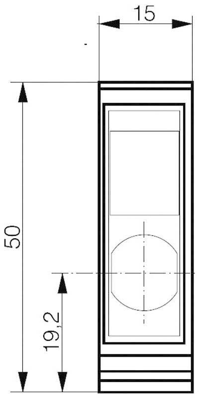 Technical drawing of a rectangular part with dimensions: 15 mm width, 50 mm height. Centrally positioned circle at 19.2 mm height.