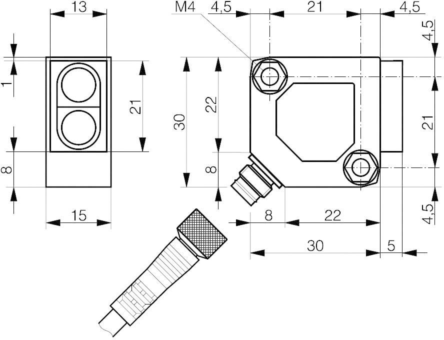 Technical drawing of a sensor with dimensions in millimetres. Shows front and side view with detailed dimensions and screw positions.