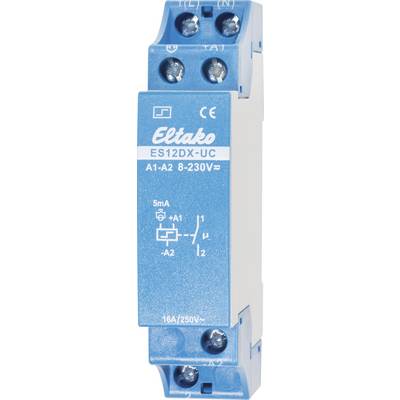 Blue current pulse switch by Eltako, model ES12DX-UC, suitable for voltages from 8 to 230 V, with multiple connection terminals.