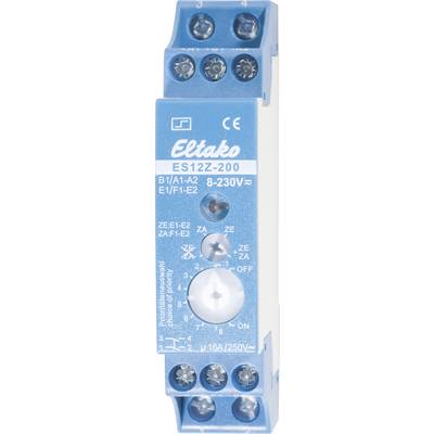Electrical relay by Eltako, Model ES12Z-200, with blue cover. Voltage range: 8-230V. Small adjustment buttons on the front.