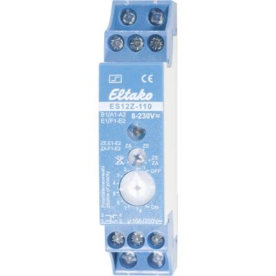 'Eltako ES12Z-110' relay module in blue, with screw terminals, suitable for 8-230V. Eltako logo at the top, rotary controller in the centre.