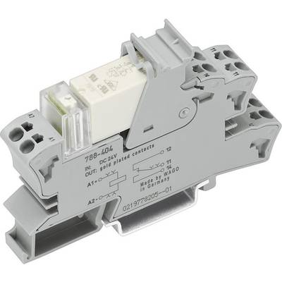 Relay module with socket on DIN rail, Model number 788-404, grey. Suitable for 24V DC, manufactured in Germany by WAGO.