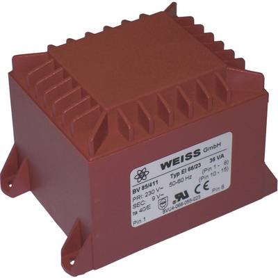 A red transformer from Weiss GmbH with specifications: Primary 230V, Secondary 15V, 36 VA, 50-60 Hz. Model BV 85/41/1.