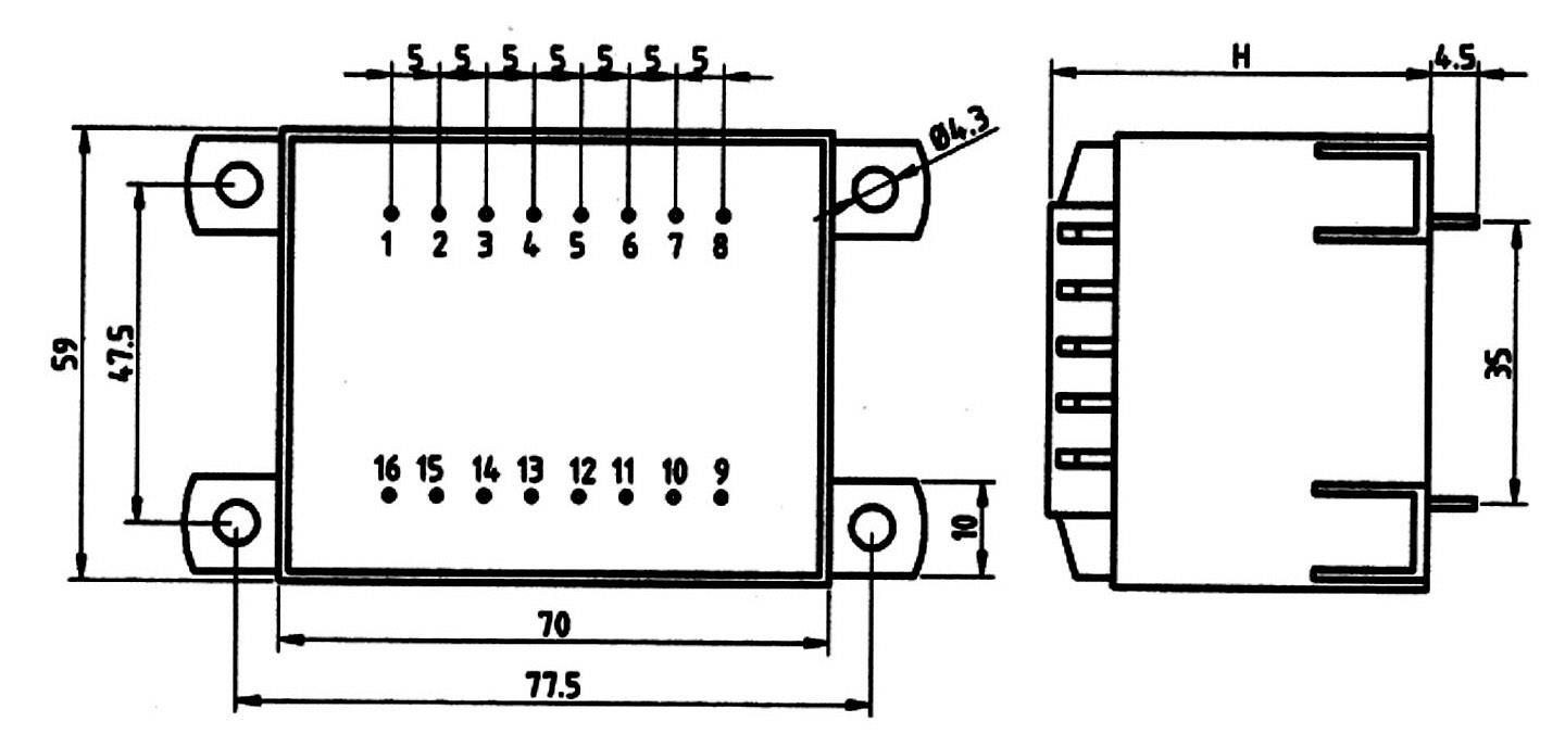 Technical drawing of a connector with dimensions and pin assignment. Front view shows pins 1 to 9 at the top, 10 to 16 at the bottom.
