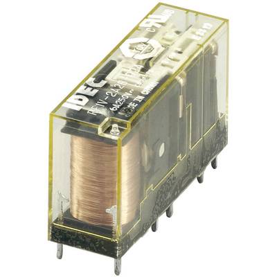 A rectangular, transparent relay with a copper coil and multiple metal terminals. Markings and numbers are visible.