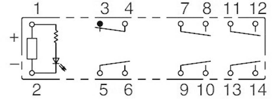 'Electrical Circuit Diagram: A circuit featuring a resistor, an LED, and two rows of connector points marking points 1 to 14.'