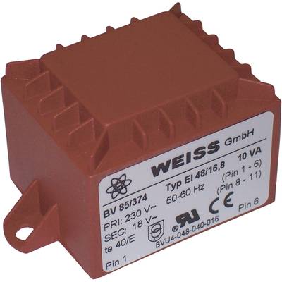 Red transformer with inscription: 'WEISS Ltd, Type EI 48/16.8, 10 VA, Primary: 230 V, Secondary: 18 V'. Technical details and model number.