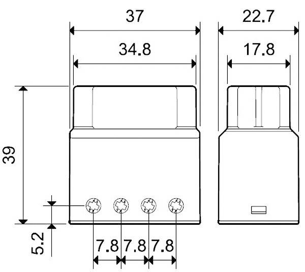 Technical drawing of a square component with dimensions. Width 37, Height 39, Depth 22.7 mm. Three fixing points at the bottom.
