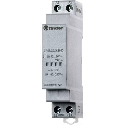 A Finder electronic relay, model number 77.01.0.024.8050. Voltage: 12–24V, load: 5A at 60–240V.