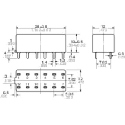 Technical drawing of a rectangular electronic component with nine pins, depicted with detailed dimensional specifications in millimetres.