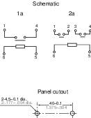 'Electrical circuit diagram with two circuit plans (1a, 2a) and a front panel cut-out view with dimensions and drilling holes.'
