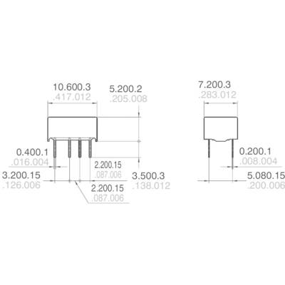 'Dimensional drawing of electronic components with detailed measurements in millimetres. Two components with different sizes and pins.'