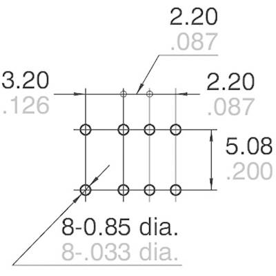 Technical Drawing of a Drilling Template: 8 Holes with 0.85 mm Diameter. Spacing: 3.20 mm horizontal, 2.20 mm vertical.