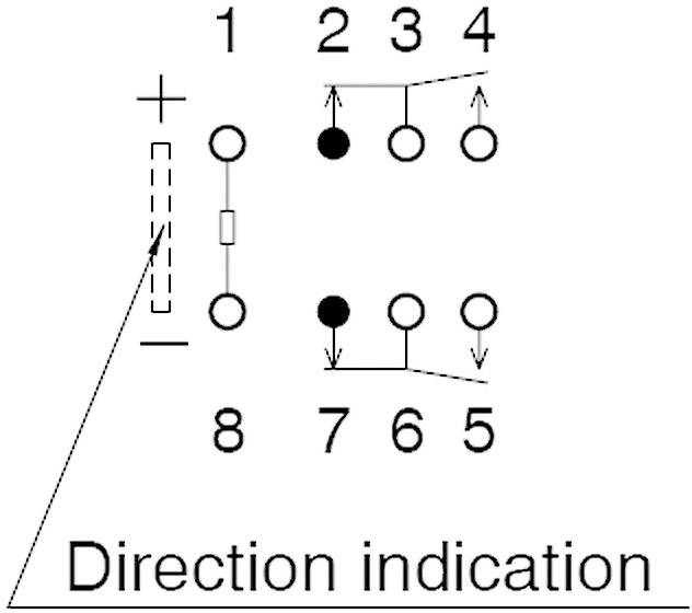 'Circuit diagram with connection to positive and negative terminals and directional arrows. Arrow shows path from 1 through positive direction to 8. Indicator shows flow direction.'