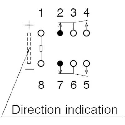'Circuit diagram with connection to positive and negative terminals and directional arrows. Arrow shows path from 1 through positive direction to 8. Indicator shows flow direction.'