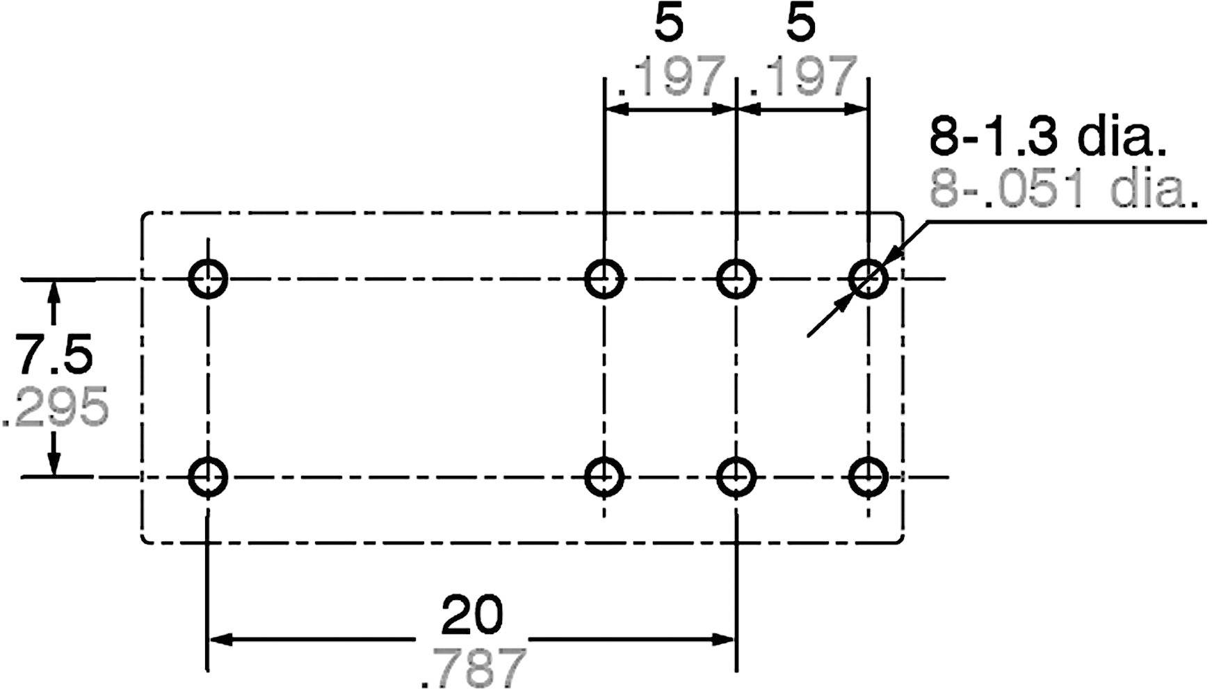 Technical drawing of a rectangular component with external dimensions of 20 by 7.5 and marked hole diameters.
