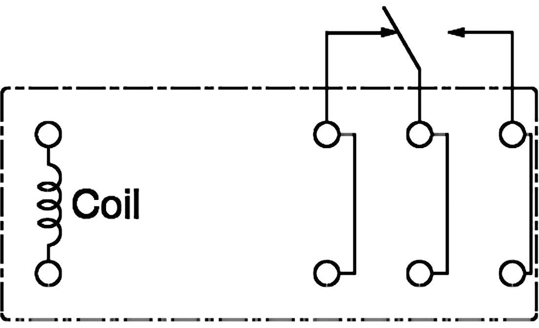 'Contactor circuit diagram with coil on the left, two switching contacts on the right. At the top, a drawn switch controlling the contacts.'