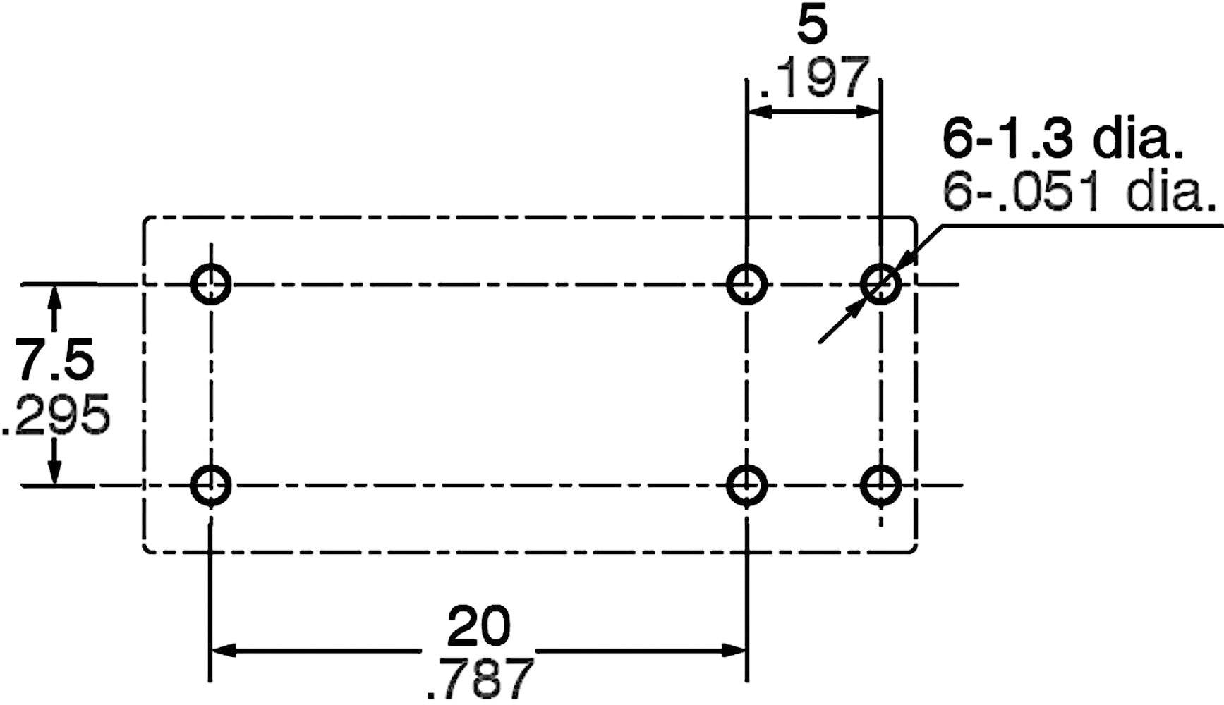 Technical drawing of a rectangular component with dimensions in millimetres and inches, showing the position of mounting holes.