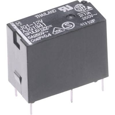 A black relay component with multiple white labels. Four thin metal pins protrude beneath it.
