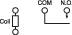 Symbol of a relay with a coil on the left and a switch on the right, connected between 'COM' and 'N.O.'.