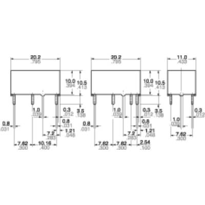 Technical drawing of three electronic components with dimensional specifications. The dimensions of the components are given in millimetres.