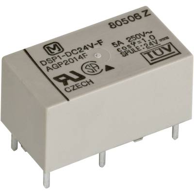 A small electronic relay with the inscription 'DSPI-DC24V-F, 5A, 250V~'. It has six connection pins on the underside.