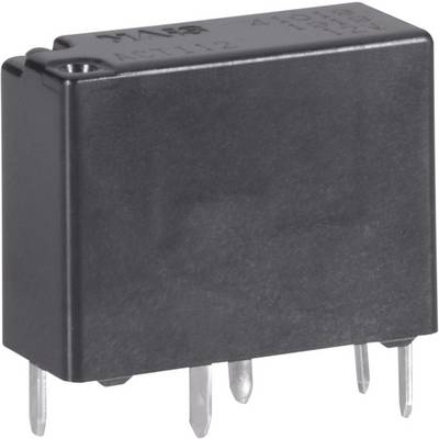 A black electronic relay with four metal pins.