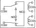 Circuit diagram of a double changeover switch with two inputs (COM) and four outputs (NO, NC), controlling various electrical circuits.