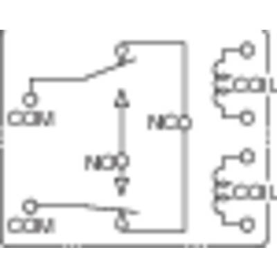 Circuit diagram of a double changeover switch with two inputs (COM) and four outputs (NO, NC), controlling various electrical circuits.