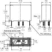 Technical drawing with component dimensions in millimetres; showing front, side, and top views of an electronic component.