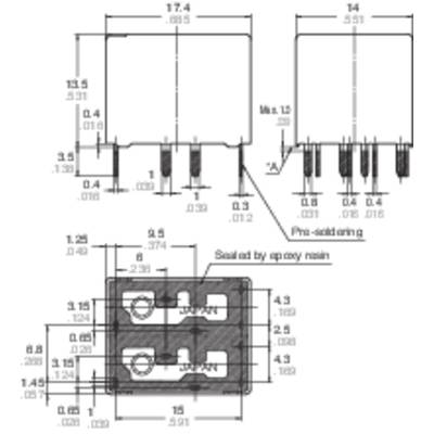 Diagram of an electronic component with technical dimensions in millimetres and inches. Shows connections and housing dimensions.