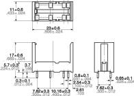 Technical drawing of an electrical component with dimensions in millimetres. Shows top view, side view, and front view.