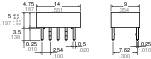 Circuit diagram of an electronic component with six connection pins; horizontal and vertical dimensions shown in inches and millimetres.