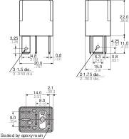 Circuit diagram of an electronic component with dimensions in millimetres. Shows front view and underside with connectors.