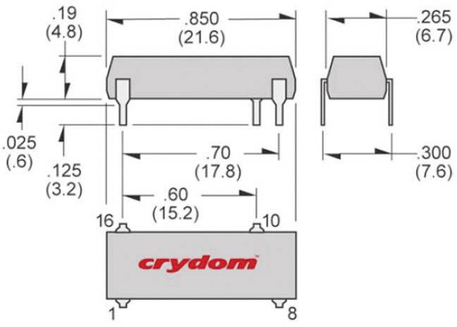 Technical drawing of an electrical component with dimensions in inches and millimetres. Label reads 'crydom'.