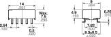 Dimensions of an electronic component with multiple connections: width 14 mm, height 6 mm, depth 4.9 mm. Includes mounting instructions.