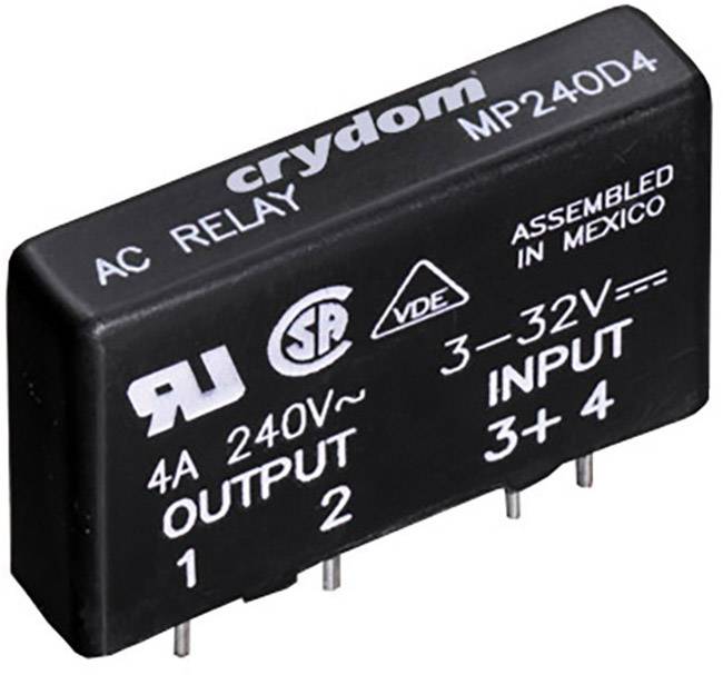 Black relay with the inscription 'crydom MP240D4', showing input/output ranges: 3-32V input, 4A 240V~ output, manufactured in Mexico.
