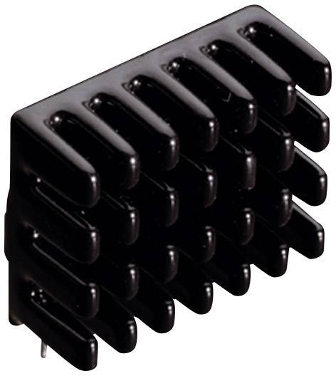 Black heatsink with multiple parallel fins for heat dissipation, used in electronic devices.