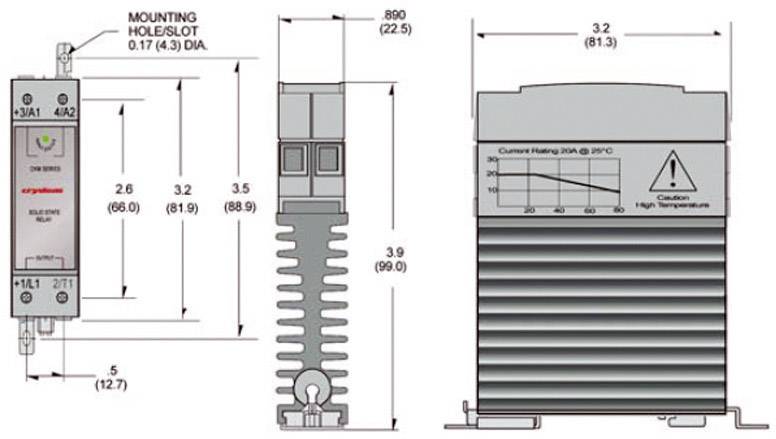 'Diagram of an electrical component with connection terminals and heatsink. Diagram shows current in amperes at various temperatures.'