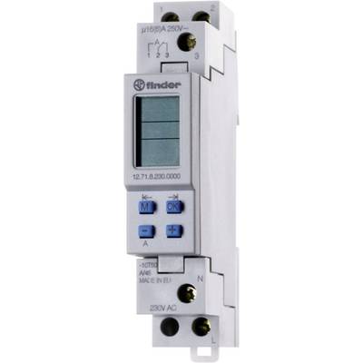 Electronic time relay with digital display, push-button controls, manufactured by 'Finder', capable of switching loads up to 16A at 250V.