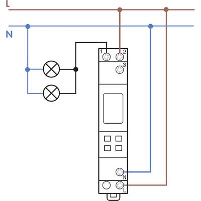 'Circuit diagram with two lamps, connected via a relay. Power lines in blue and brown. Relay with connections from 1 to 3.'