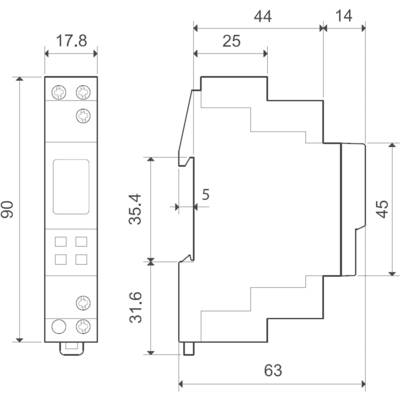 Technical drawing of an electrical component with dimensions shown: height 90 mm, width 17.8 mm, depth 63 mm.